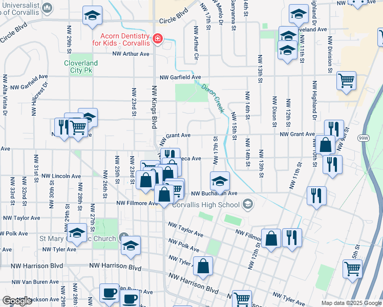 map of restaurants, bars, coffee shops, grocery stores, and more near 1865 Northwest Beca Avenue in Corvallis