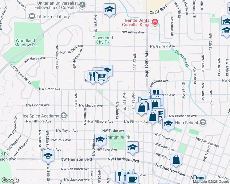 map of restaurants, bars, coffee shops, grocery stores, and more near 2612 Northwest Grant Avenue in Corvallis