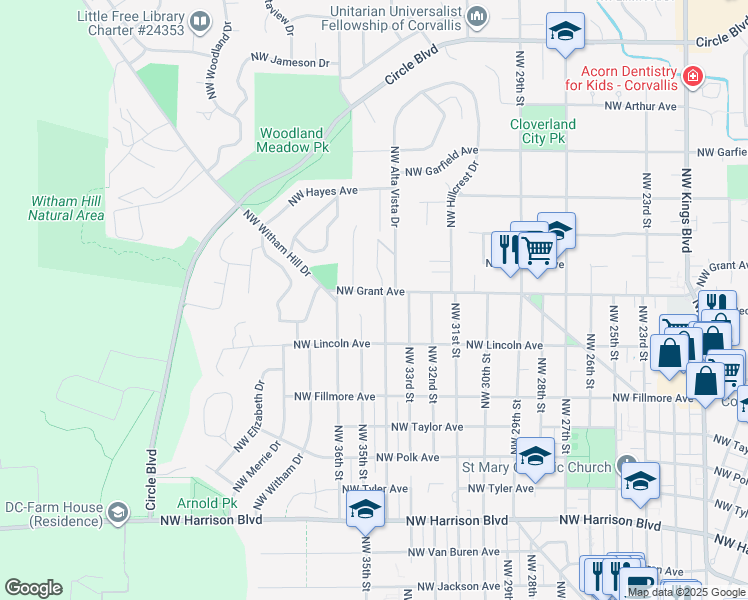 map of restaurants, bars, coffee shops, grocery stores, and more near 3410 NW Grant Ave in Corvallis