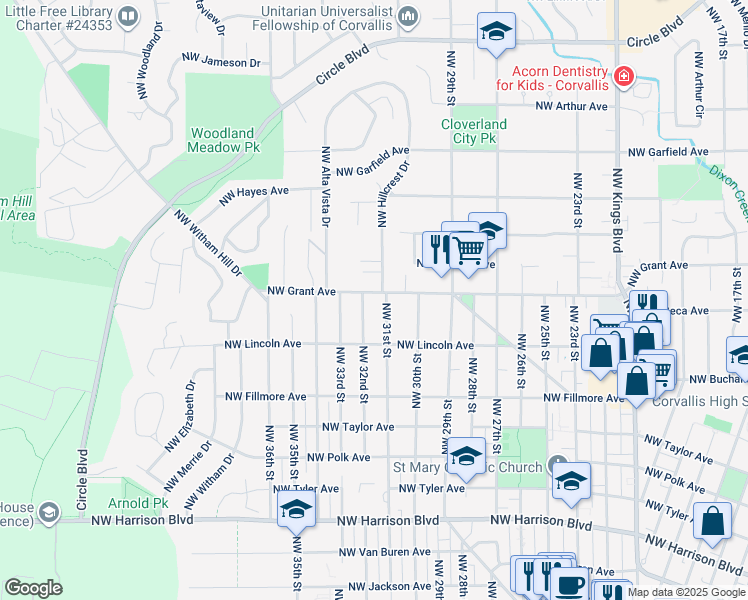 map of restaurants, bars, coffee shops, grocery stores, and more near 3140 Northwest Grant Avenue in Corvallis
