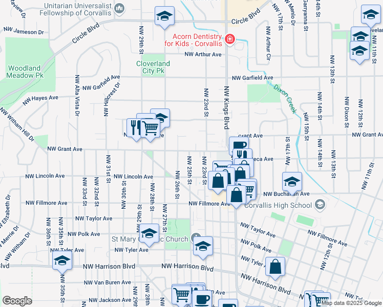 map of restaurants, bars, coffee shops, grocery stores, and more near 1135 Northwest 25th Street in Corvallis