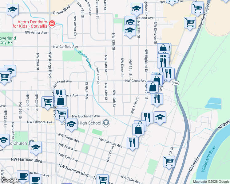 map of restaurants, bars, coffee shops, grocery stores, and more near 1309 Northwest 13th Street in Corvallis