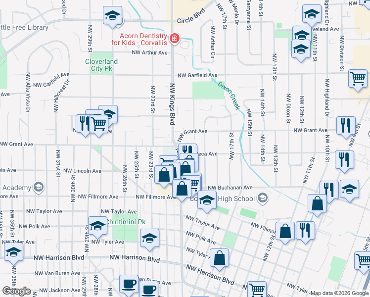 map of restaurants, bars, coffee shops, grocery stores, and more near 1972 Northwest Grant Avenue in Corvallis