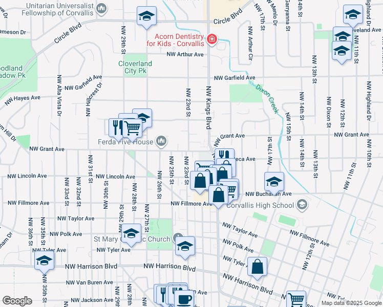 map of restaurants, bars, coffee shops, grocery stores, and more near 2260 Northwest Grant Avenue in Corvallis