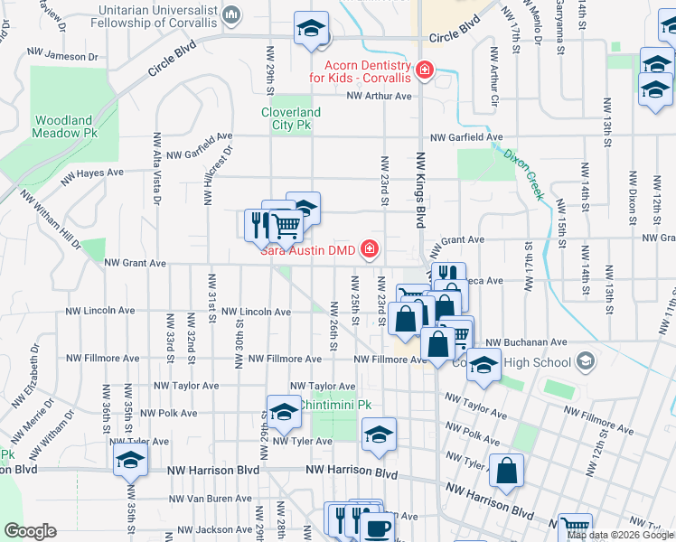 map of restaurants, bars, coffee shops, grocery stores, and more near 2612 Northwest Grant Avenue in Corvallis