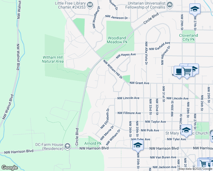 map of restaurants, bars, coffee shops, grocery stores, and more near 1205 Northwest Kline Place in Corvallis