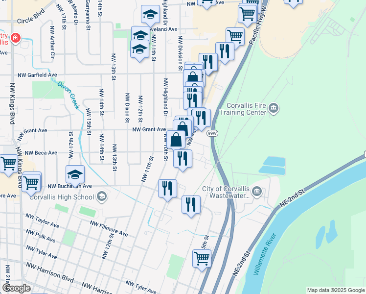 map of restaurants, bars, coffee shops, grocery stores, and more near 1300 Northwest 9th Street in Corvallis