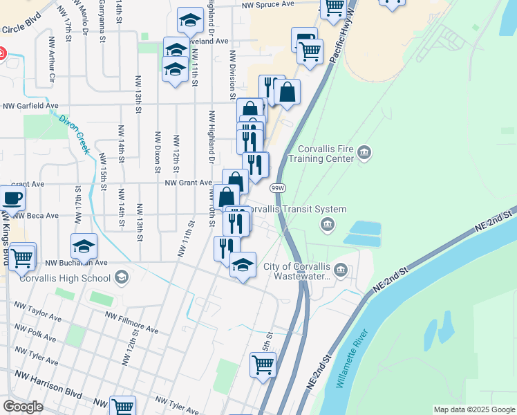 map of restaurants, bars, coffee shops, grocery stores, and more near 1325 Northwest 9th Street in Corvallis