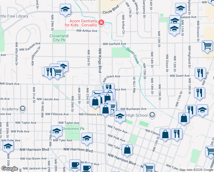 map of restaurants, bars, coffee shops, grocery stores, and more near 1972 Northwest Grant Avenue in Corvallis
