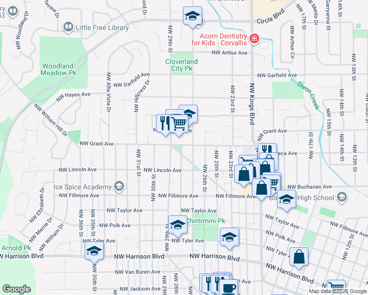 map of restaurants, bars, coffee shops, grocery stores, and more near 2758 Northwest Grant Avenue in Corvallis