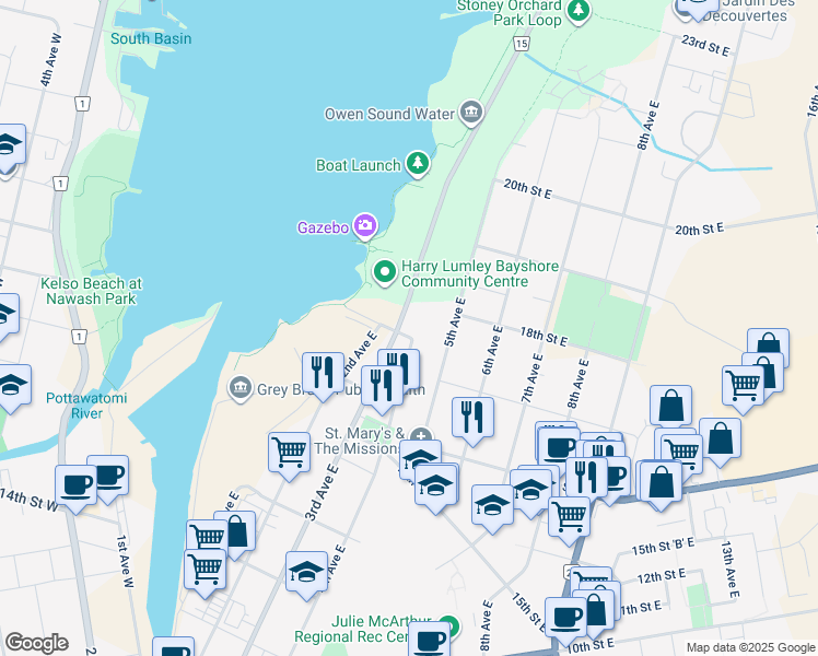 map of restaurants, bars, coffee shops, grocery stores, and more near 1820 4th Avenue East in Owen Sound