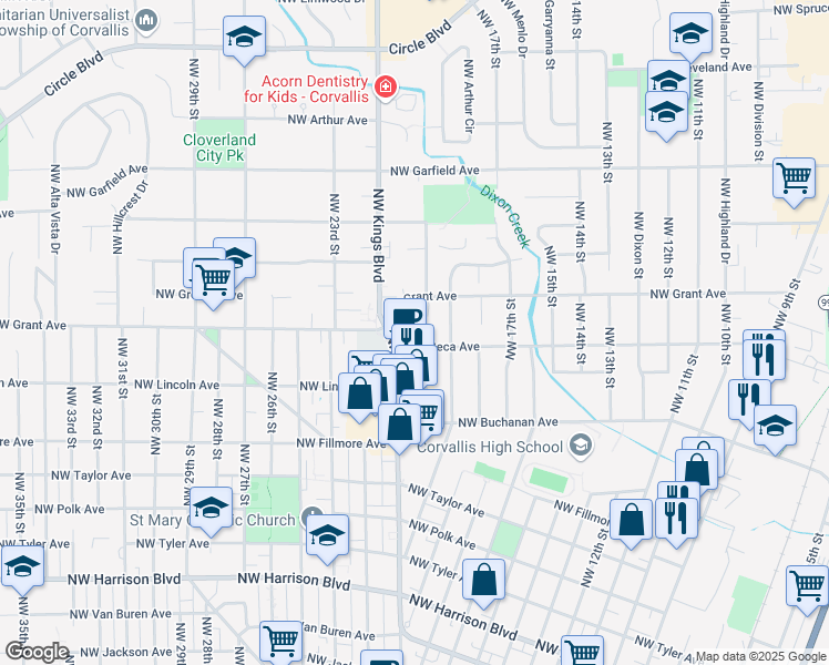 map of restaurants, bars, coffee shops, grocery stores, and more near 1972 Northwest Grant Avenue in Corvallis
