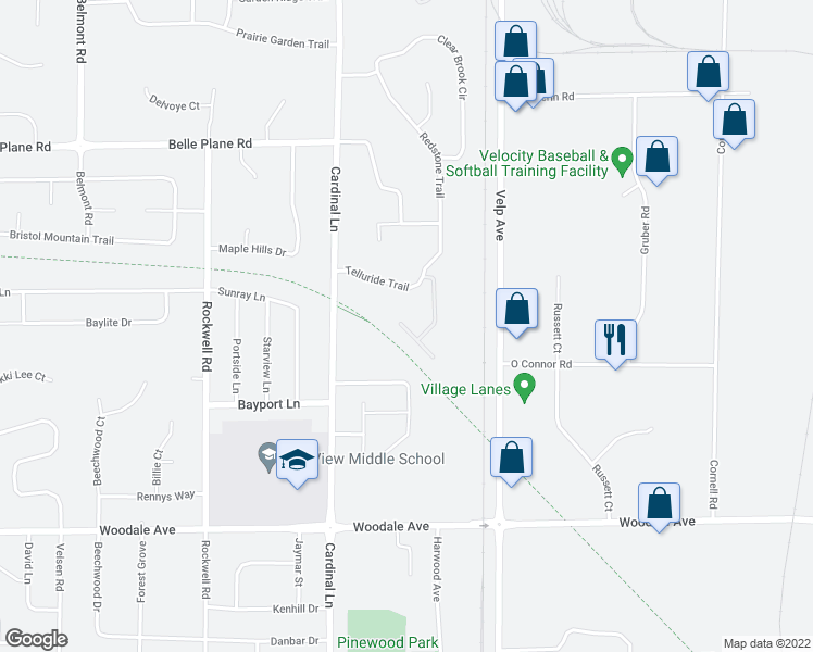 map of restaurants, bars, coffee shops, grocery stores, and more near 2571 Telluride Trail in Green Bay