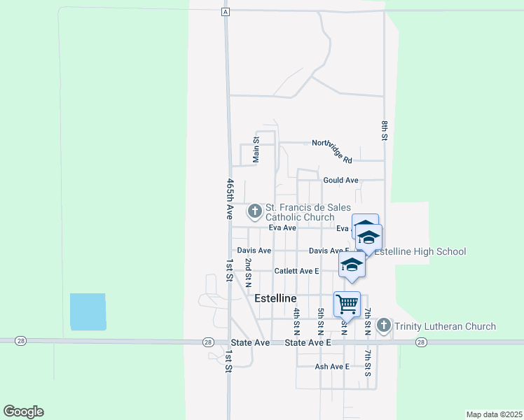 map of restaurants, bars, coffee shops, grocery stores, and more near 204 Fjerestad Avenue East in Estelline