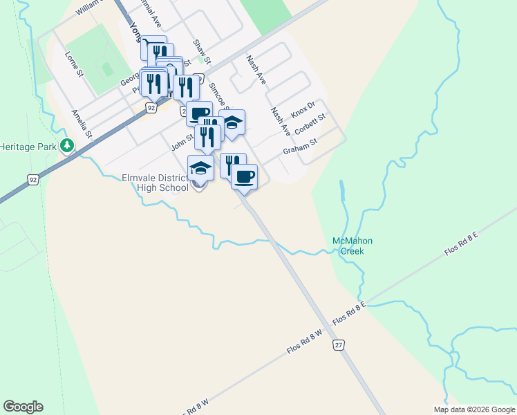 map of restaurants, bars, coffee shops, grocery stores, and more near 70 Yonge Street South in Elmvale
