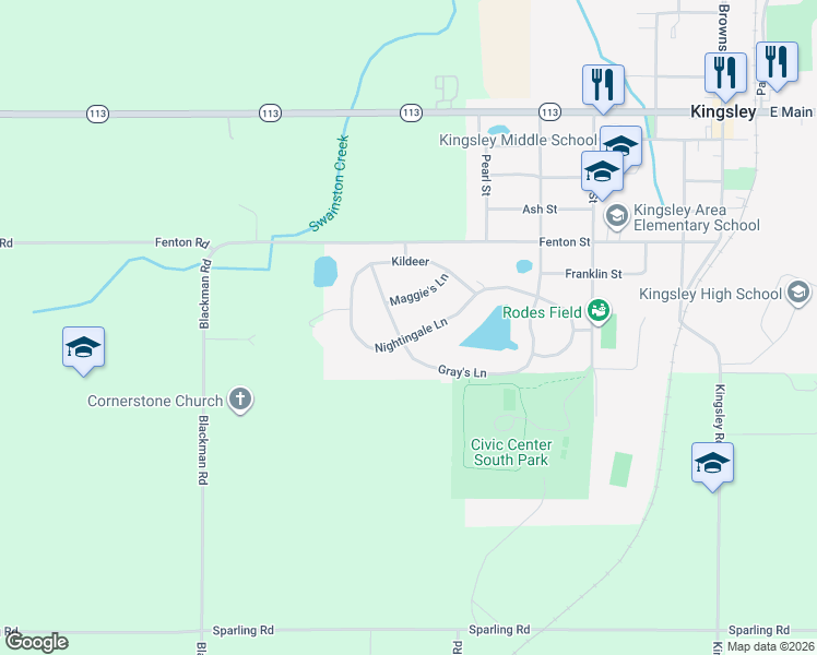 map of restaurants, bars, coffee shops, grocery stores, and more near 1401-1569 Nightingale Lane in Kingsley