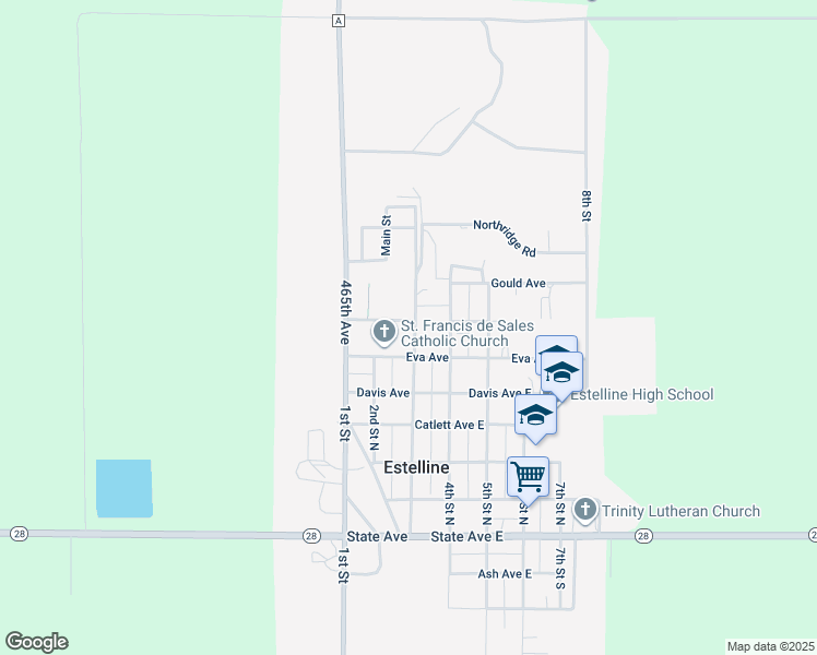 map of restaurants, bars, coffee shops, grocery stores, and more near 204 Fjerstad Avenue in Estelline