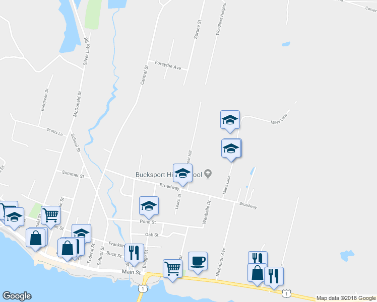 map of restaurants, bars, coffee shops, grocery stores, and more near 40 Forest Hill in Bucksport