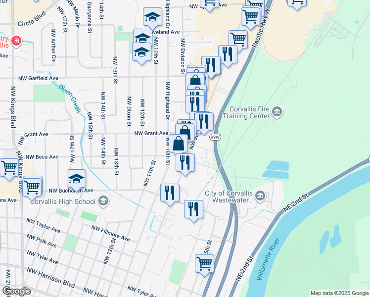 map of restaurants, bars, coffee shops, grocery stores, and more near 1300 Northwest 9th Street in Corvallis