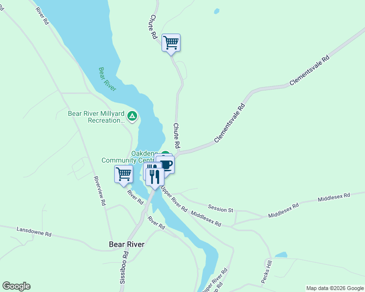 map of restaurants, bars, coffee shops, grocery stores, and more near 12 Chute Road in Bear River