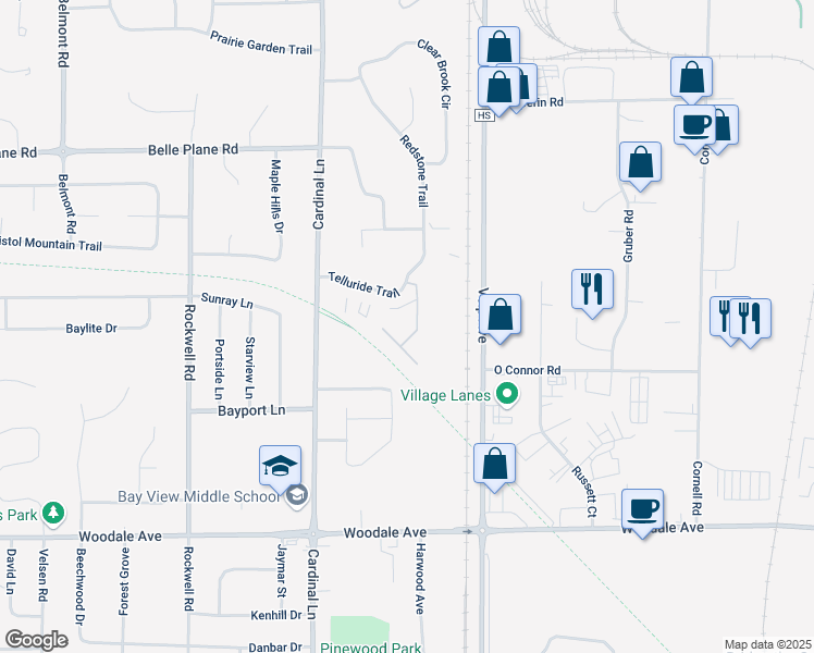 map of restaurants, bars, coffee shops, grocery stores, and more near 2571 Telluride Trail in Green Bay