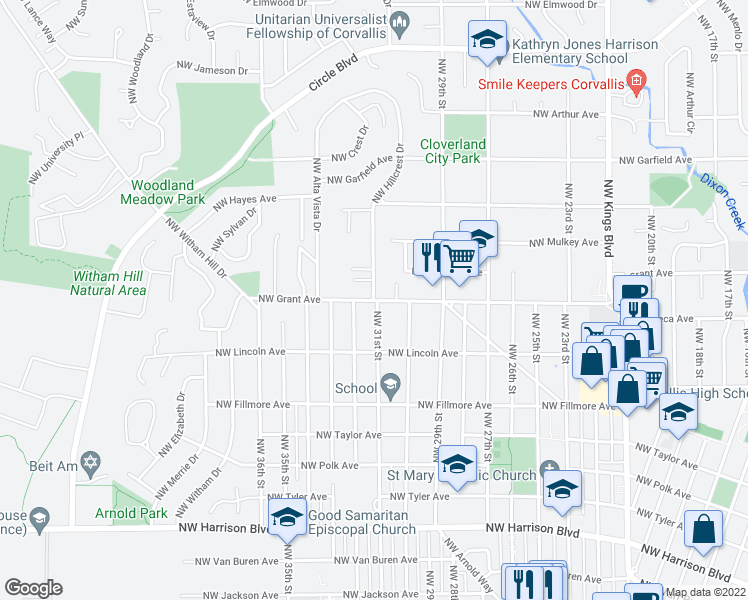 map of restaurants, bars, coffee shops, grocery stores, and more near 981 Northwest Hillcrest Drive in Corvallis