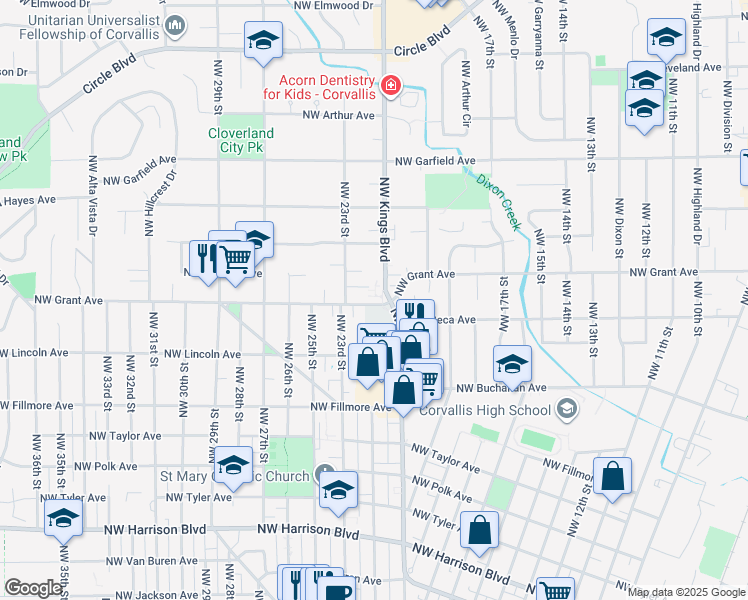 map of restaurants, bars, coffee shops, grocery stores, and more near 2055 Northwest Grant Avenue in Corvallis