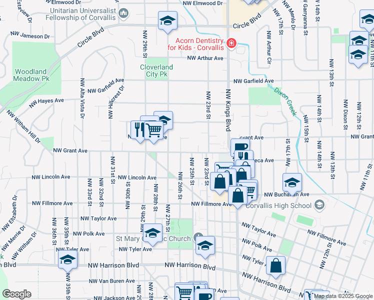 map of restaurants, bars, coffee shops, grocery stores, and more near 1135 Northwest 25th Street in Corvallis