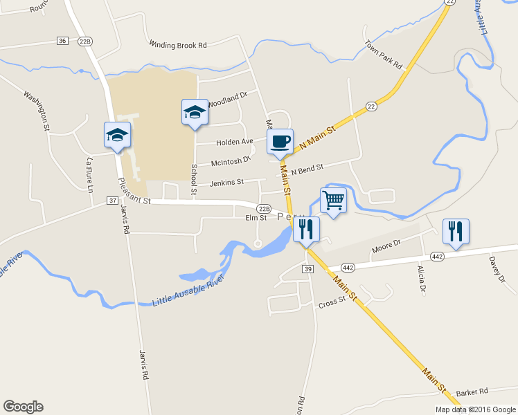 map of restaurants, bars, coffee shops, grocery stores, and more near Pleasant Street & Mason Street in Peru