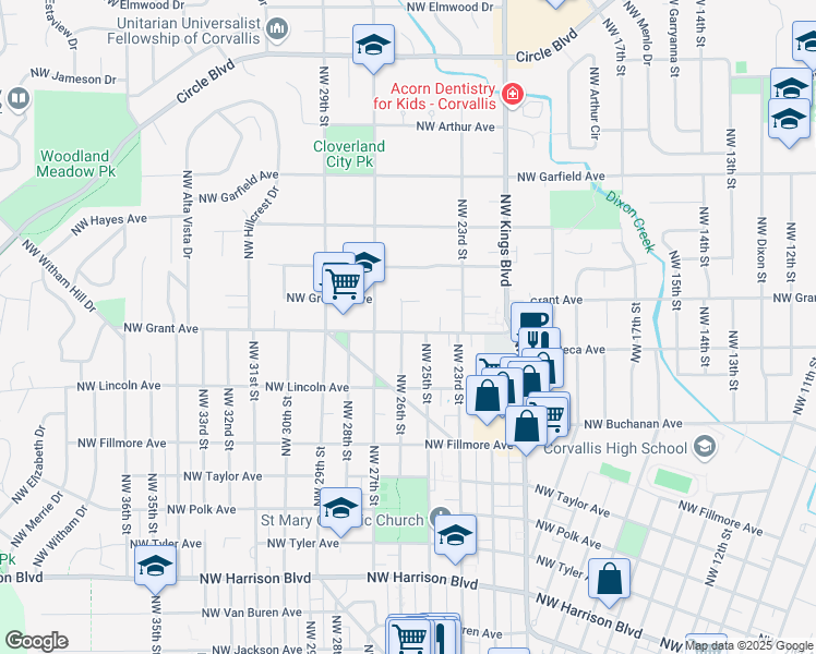 map of restaurants, bars, coffee shops, grocery stores, and more near 1203 Northwest 26th Street in Corvallis