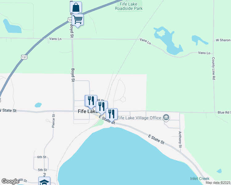 map of restaurants, bars, coffee shops, grocery stores, and more near Lakecrest Lane in Fife Lake