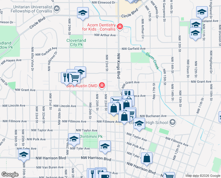 map of restaurants, bars, coffee shops, grocery stores, and more near 2201 Northwest Grant Avenue in Corvallis