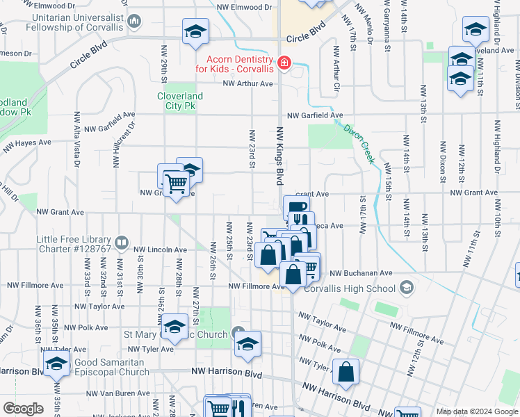map of restaurants, bars, coffee shops, grocery stores, and more near 2260 Northwest Grant Avenue in Corvallis