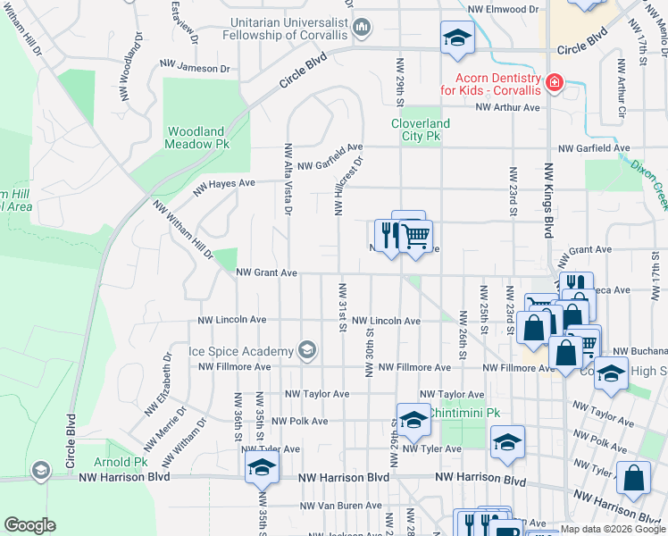map of restaurants, bars, coffee shops, grocery stores, and more near 3140 Northwest Grant Avenue in Corvallis