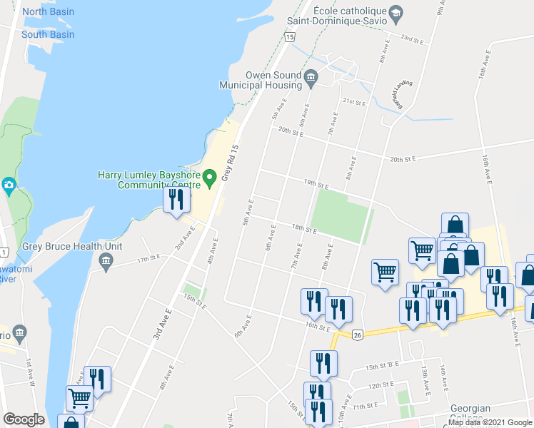 map of restaurants, bars, coffee shops, grocery stores, and more near 512 18th Street East in Owen Sound