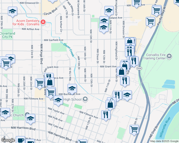 map of restaurants, bars, coffee shops, grocery stores, and more near 1309 Northwest 13th Street in Corvallis