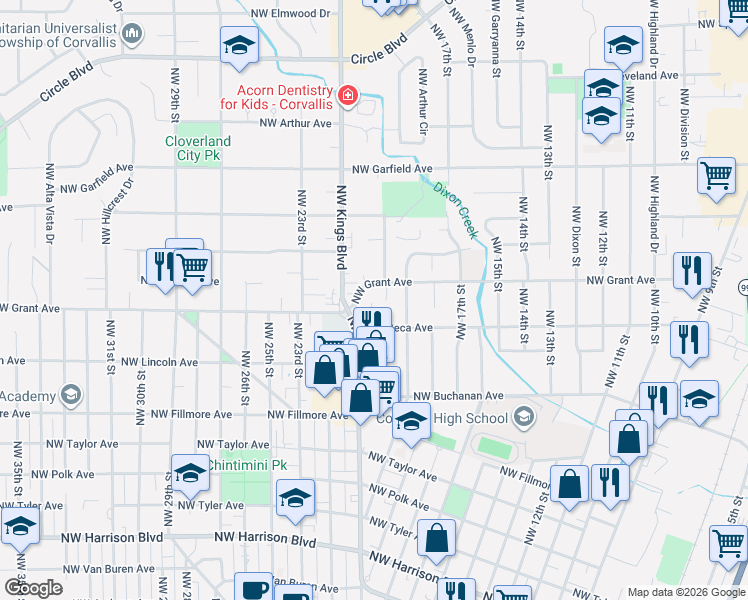 map of restaurants, bars, coffee shops, grocery stores, and more near 1972 Northwest Grant Avenue in Corvallis