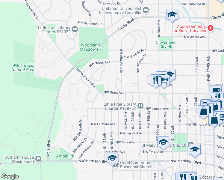 map of restaurants, bars, coffee shops, grocery stores, and more near 3410 Northwest Grant Avenue in Corvallis