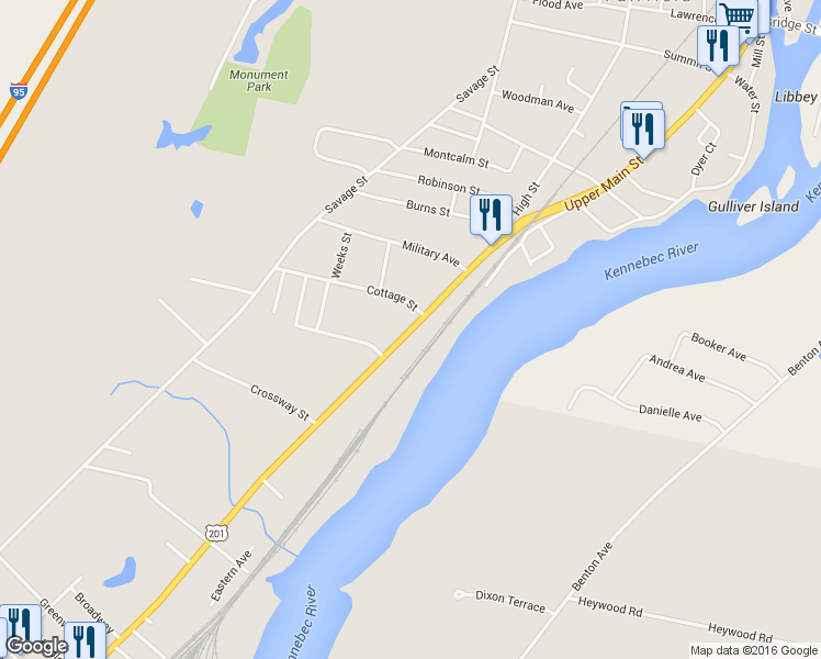 map of restaurants, bars, coffee shops, grocery stores, and more near 21 College Avenue in Waterville