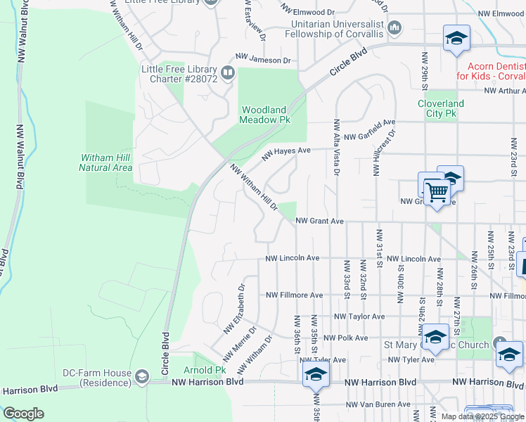 map of restaurants, bars, coffee shops, grocery stores, and more near 1225 Northwest Fernwood Circle in Corvallis