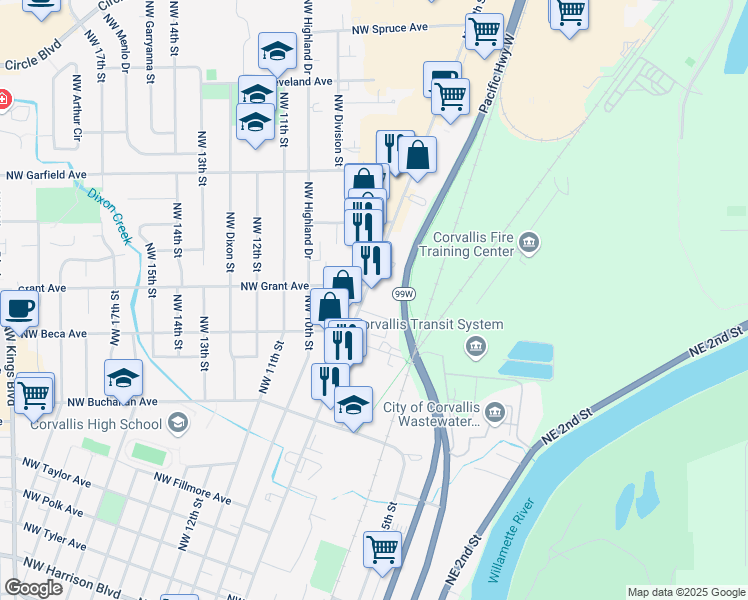 map of restaurants, bars, coffee shops, grocery stores, and more near 1325 Northwest 9th Street in Corvallis