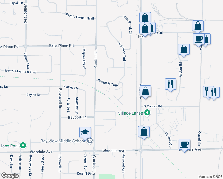 map of restaurants, bars, coffee shops, grocery stores, and more near 2571 Telluride Trail in Green Bay