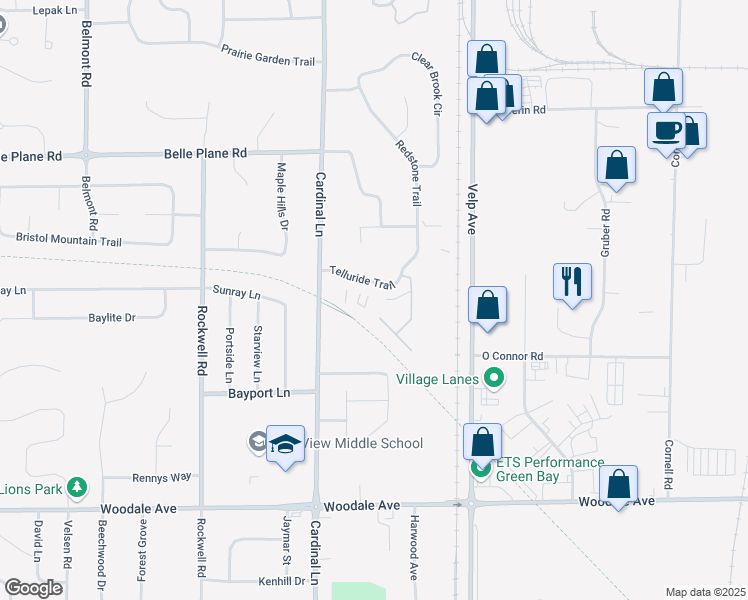map of restaurants, bars, coffee shops, grocery stores, and more near 2571 Telluride Trail in Green Bay