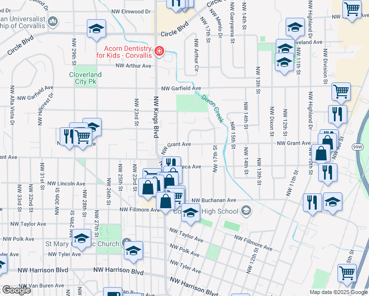 map of restaurants, bars, coffee shops, grocery stores, and more near 1836 Northwest Grant Circle in Corvallis