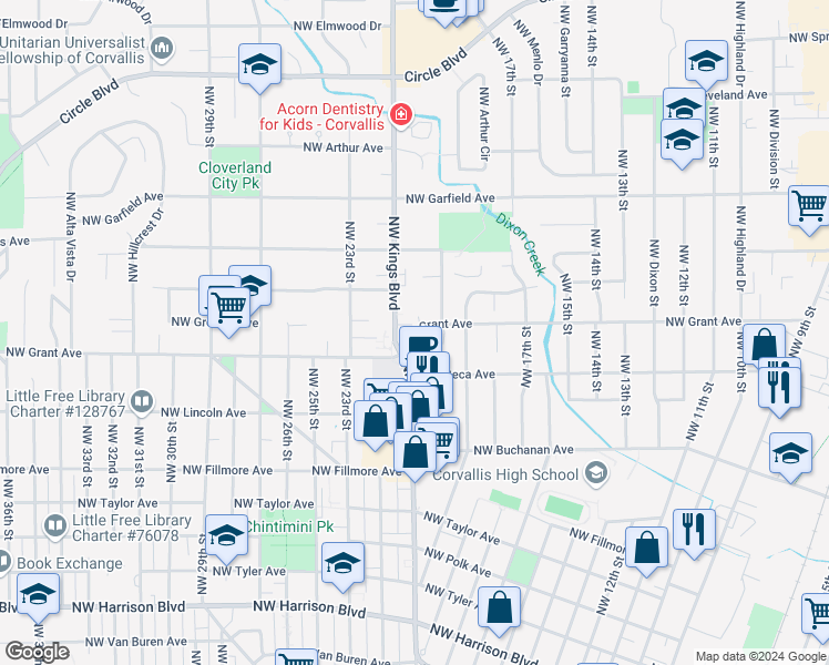 map of restaurants, bars, coffee shops, grocery stores, and more near 1933 Northwest Grant Avenue in Corvallis