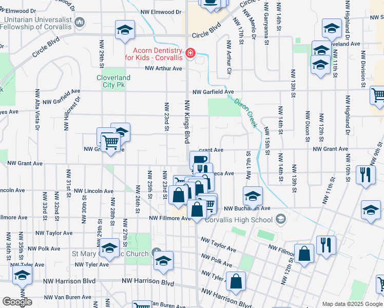 map of restaurants, bars, coffee shops, grocery stores, and more near 1960 Northwest Kings Place in Corvallis