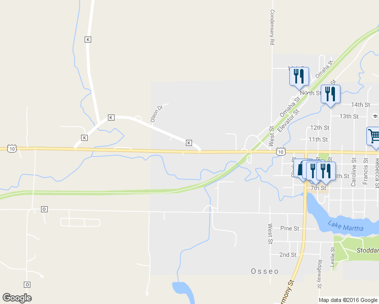 map of restaurants, bars, coffee shops, grocery stores, and more near 14413 U.S. 10 in Osseo