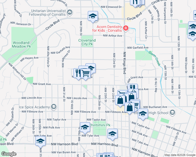 map of restaurants, bars, coffee shops, grocery stores, and more near 1240 Northwest 26th Street in Corvallis