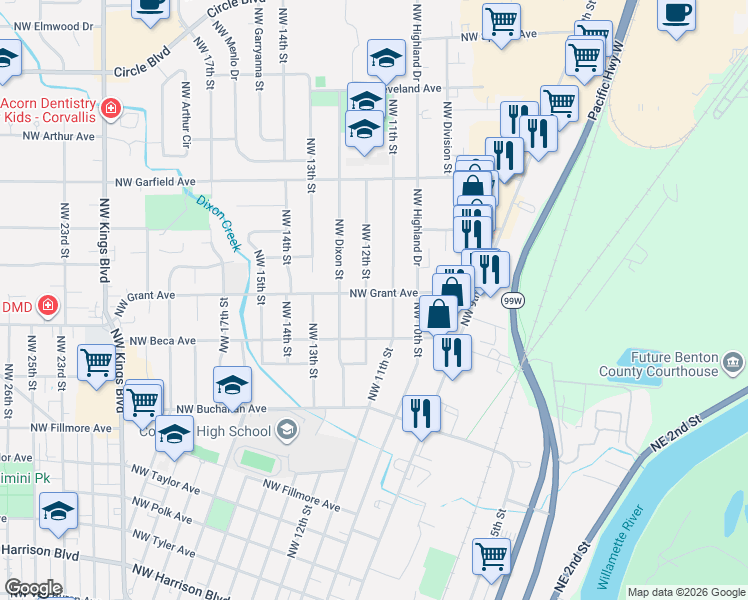 map of restaurants, bars, coffee shops, grocery stores, and more near 1418 Northwest 11th Street in Corvallis