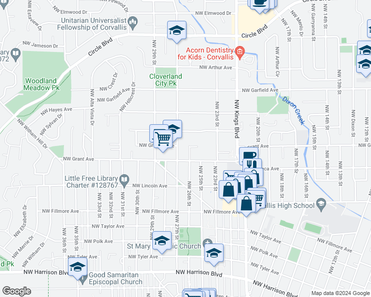 map of restaurants, bars, coffee shops, grocery stores, and more near 1270 Northwest 26th Street in Corvallis